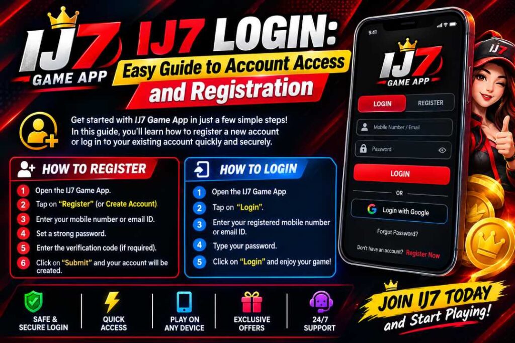 IJ7 Login guide showing account access, registration steps, password recovery, and mobile login security.